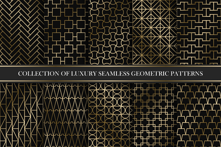 Collection of art deco vector geometric patterns - seamless luxury gold gradient design. Rich endless ornamental backgrounds.のイラスト素材