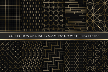Collection of art deco vector geometric patterns - seamless luxury golden gradient design. Rich endless ornamental backgrounds.のイラスト素材