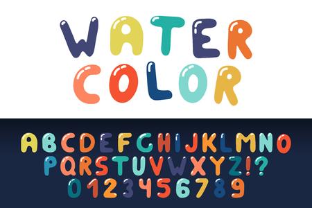 Watercolor english creative alphabet. Vibrant funky font. Colorful latin letters and numerals.のイラスト素材