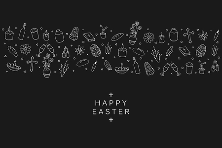 Hand drawn Easter elements in doodle style. Black decorative vector background. Holiday card, banner, poster, template.のイラスト素材