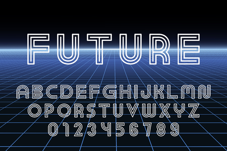 Vector designer futuristic font - minimal design. Contour english alphabet. Striped latin letters and numerals. New creative signs typeface.のイラスト素材