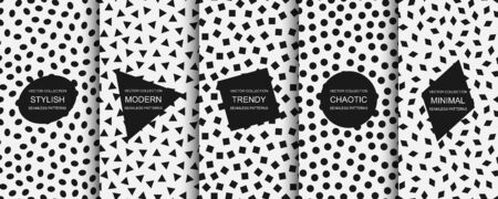 Collection of vector seamless simple patterns. Modern stylish textures with randomly disposed shapes. Repeating abstract minimalistic backgrounds. Trendy hipster printsのイラスト素材