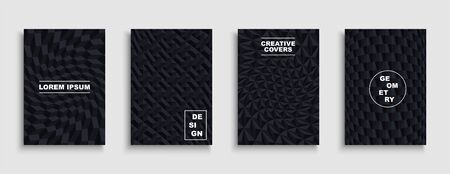 Collection of black textured covers, posters, templates, placards, brochures, banners, flyers, backgrounds. Geometric 3d distorted design with creative dark shapesのイラスト素材