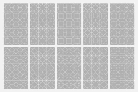 Collection of seamless geometric ornamental vector patterns. Symmetric oriental design. Eastern repeatable grey backgroundsのイラスト素材
