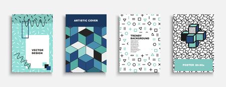 Set of vector colorful contemporary covers, templates, posters, placards, brochures, banners, flyers and etc. Art geometric backgrounds - fashion style 80-90s. Abstract trendy design.のイラスト素材