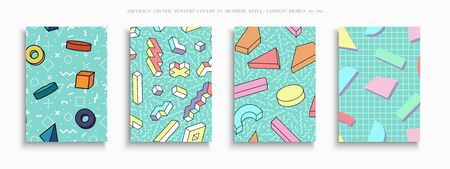 Collection of colorful trendy covers, templates, posters, placards, brochures, banners, flyers and etc. Abstract backgrounds with drawing 3d geometric shapes. Memphis design - fashion style 80-90s.のイラスト素材