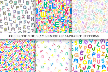 Collection of vector colorful seamless alphabet patterns. Stylish bright backgrounds with multicolor latin letters.のイラスト素材