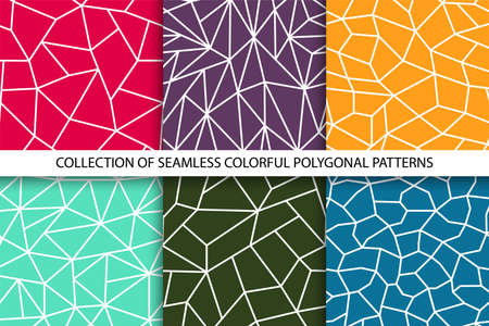 Collection of color polygonal seamless geometric patterns. Repeatable abstract backgrounds. Mosaic trendy printsのイラスト素材