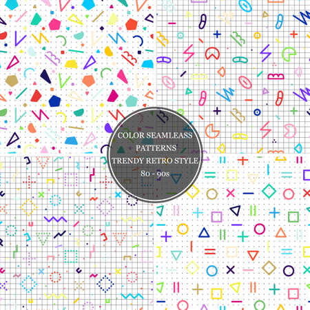 Set of vector seamless colorful patterns with geometric shapes. Abstract trendy drawing backgrounds. Fashion design - retro style 80-90sのイラスト素材