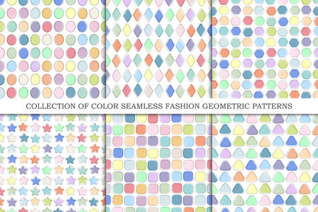 Collection of color seamless fashion patterns with simple geometric shapes. Bright repeatable unusual backgroundsのイラスト素材