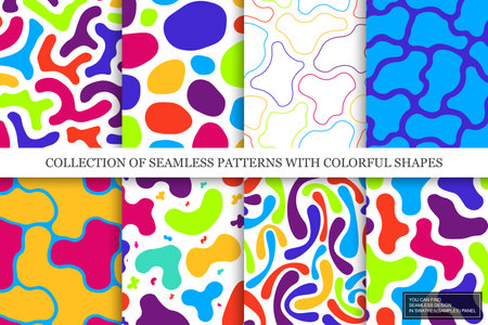 Collection of vector seamless colorful abstract patterns with creative shapes. Paint backgrounds. Drawing trendy endless textures. Multicolor modern designのイラスト素材