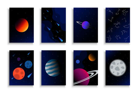 Collection of dark blue vector creative covers, templates, placards, brochures, banners, flyers and etc. Cosmic posters with planets and stars. Copy space bannersのイラスト素材