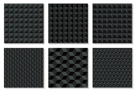 Collection of black seamless geometric 3d textures. Decorative dark endless backgrounds