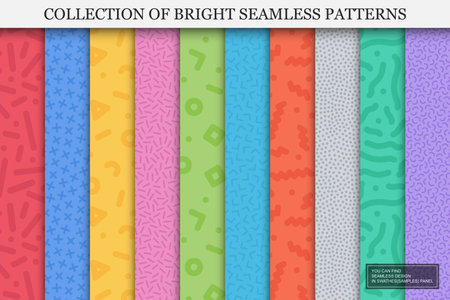 Collection of bright colorful seamless patterns. Creative trendy backgrounds. You can find repeatable design in swatches panelのイラスト素材