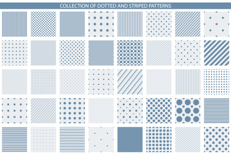 Collection of vector geometric seamless patterns - minimalistic design. Simple dotted and striped textures - endless backgrounds. Blue and white textile repeatable printsのイラスト素材