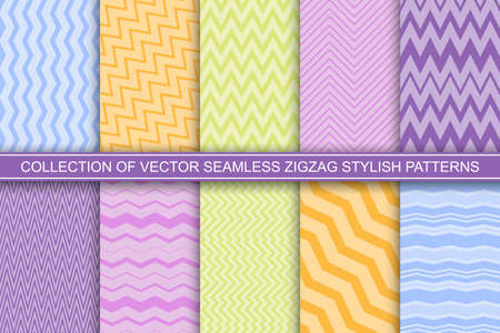 Collection of color striped seamless patterns - delicate design. Textile zigzag textures - unusual endless prints. Bright vector backgroundsのイラスト素材