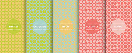 Set of bright vector colorful seamless geometric patterns - creative design. Vibrant curly backgrounds, endless curve texturesのイラスト素材