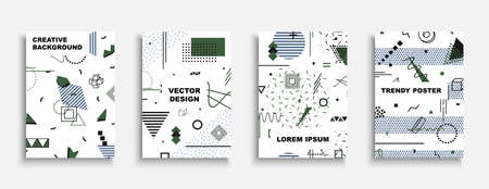 Set of vector colorful contemporary covers, templates, posters, placards, brochures, banners, flyers and etc. Artistic geometric backgrounds - fashion style 80-90s. Abstract trendy designのイラスト素材