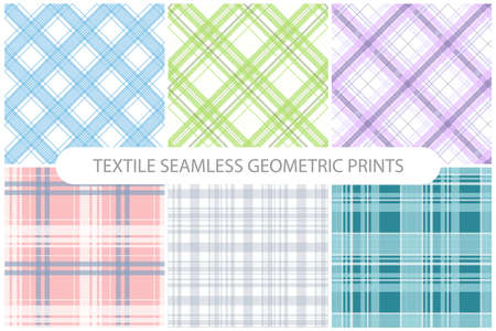 Collection of vector simple seamless textile patterns - delicate striped design. Grid colorful fabric backgrounds. Endless geometric texturesのイラスト素材