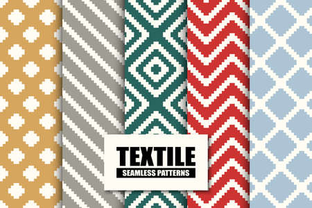 Set of seamless textile patterns - colorful geometric design. Vector ornament repeatable fabric backgrounds. Endless simple striped printsのイラスト素材