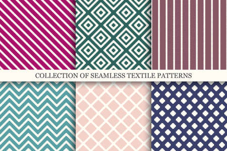 Set of seamless textile patterns - elegant colorful geometric design. Vector ornamental repeatable backgrounds. Endless simple fabric printsのイラスト素材
