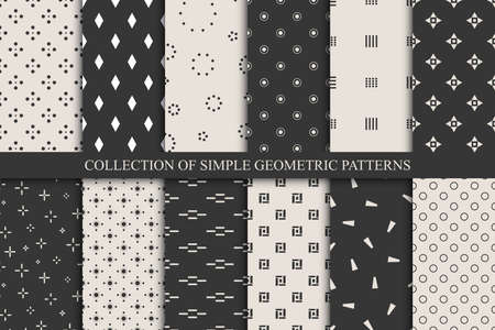 Collection of vector seamless geometric patterns - mosaic monochrome textures. Modern stylish prints. Minimalistic endless backgroundsのイラスト素材