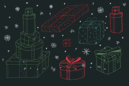 Hand drawn gift boxes.Vector illustration in doodle style. Christmas elementsのイラスト素材