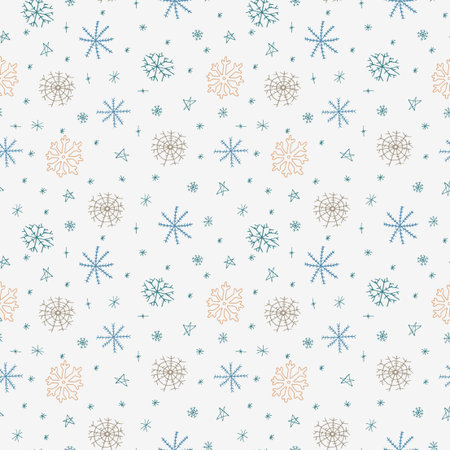 Hand drawn white seamless pattern with snowflakes. Winter season - christmas time. Vector illustration in doodle styleのイラスト素材