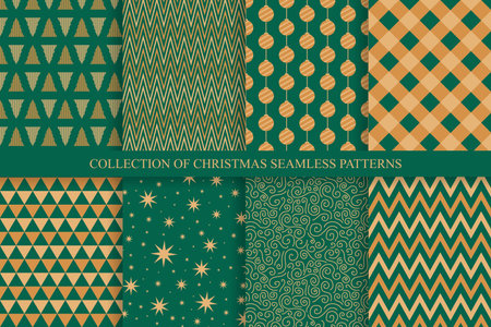 Collection of christmas seamless patterns. Color holiday backgrounds - vintage design. Trendy celebration prints. Can be used as wrapping paper, covers, wallpaper and etcのイラスト素材