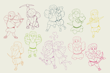 Collection of colorful cupids in doodle style. Vintage hand drawn vector illustrationのイラスト素材