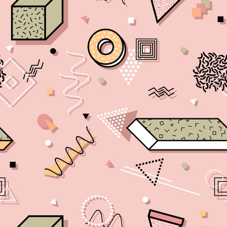 Vector seamless colorful pattern with 3d geometric shapes. Fashion style 80-90s. Delicate trendy designのイラスト素材