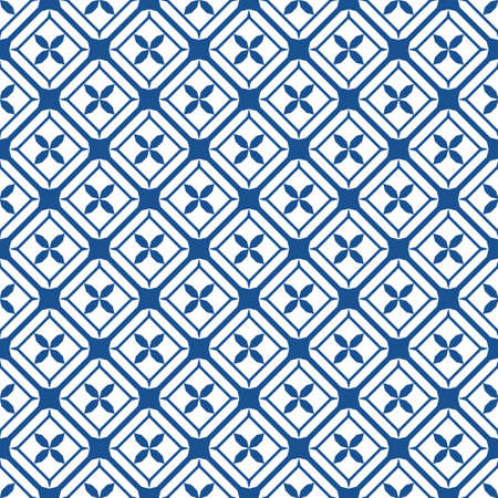 Vector seamless ornamental geometric pattern - blue and white tile texture. Vector repeatable backgroundのイラスト素材