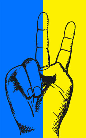 Ukraine flag background with hand drawn symbol of peace. Blue and yellow color. Ukraine concept of resistanceのイラスト素材
