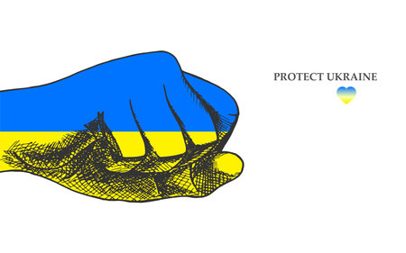 Drawing fist in color of Ukraine. Symbol of fight and protest. Blue and yellow design. Concept of resistance. Save and love Ukraineのイラスト素材