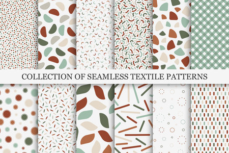 Collection of vector seamless patterns with colorful mosaic shapes. Trendy abstract minimalistic backgrounds. Textile prints, stylish texturesのイラスト素材