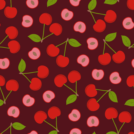 Seamless fruit pattern - hand drawn cartoon design. Repeatable red background with cherries. Trendy summer endless print. Vector illustrationのイラスト素材