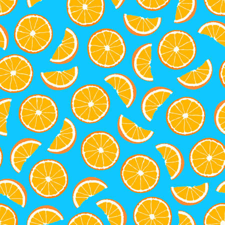 Bright seamless fruit pattern - hand drawn design. Repeatable blue background with citruses. Vibrant summer endless print. Vector illustrationのイラスト素材