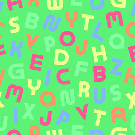 Vector seamless alphabet pattern with colorful latin letters. Green children repeatable background. Bright textile printのイラスト素材