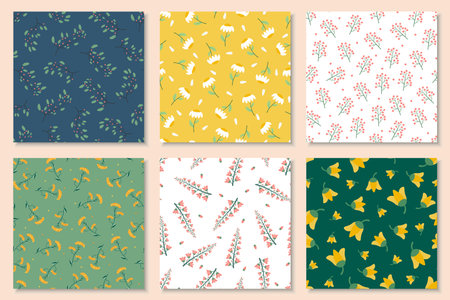 Collection of colorful seamless floral patterns - hand drawn design. Repeatable spring backgrounds with branches and flowers. Textile endless prints. Vector illustrationの写真素材