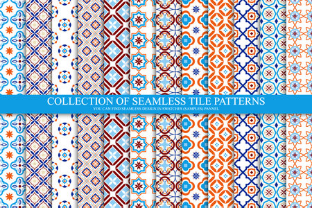 Collection of bright seamless geometric mosaic patterns - color tile textures. Decorative tileable...