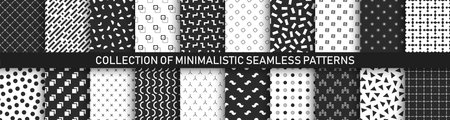 Collection of vector seamless geometric patterns - monochrome textures. Modern stylish textile prints. Minimalistic endless black and white backgroundsのイラスト素材