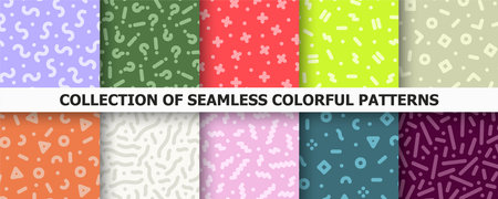 Collection of vector seamless colorful patterns. Creative unusual textile prints. Repeatable mosaic trendy backgrounds. Fashion style 80-90sのイラスト素材