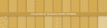 Collection of seamless ornamental patterns. Elegant dotted textures - endless geometric backgrounds. Beige textile repeatable printsのイラスト素材