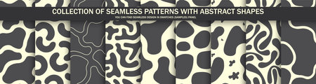 Collection of black and white seamless patterns with abstract shapes. Creative vector backgrounds. Drawing trendy monochrome textures. You can find repeatable design in swatches panelのイラスト素材