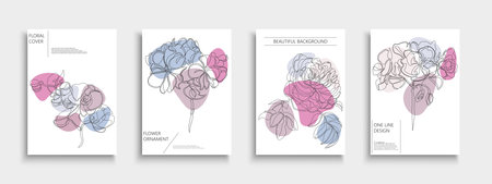 Set of beautiful hand drawn floral covers, templates, placards, brochures, banners, flyers and etc. Elegant backgrounds, postcards, posters, invitation etc. Color delicate cards with drawing flowersのイラスト素材