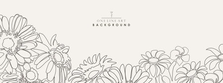 Beautiful floral vector hand drawn background. One line art design. Delicate beige pattern with drawing contour flowers. Vintage ornament cover, banner, card, template, brochure, placard ant etcのイラスト素材