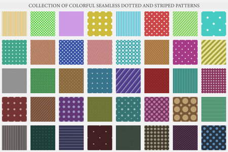 Collection of vector colorful geometric seamless patterns. Simple dotted and striped textures - repeatable unusual backgrounds. Textile endless printsのイラスト素材