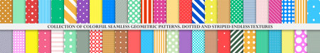 Collection of vector colorful geometric seamless patterns. Simple dotted and striped bright textures - repeatable unusual backgrounds. Vibrant fun design. Textile endless printsのイラスト素材
