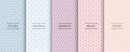Set of colorful geometric simple seamless ornamental patterns - delicate symmetric tile textures. Vector repeatable decorative backgrounds. Trendy textile cute printsのイラスト素材