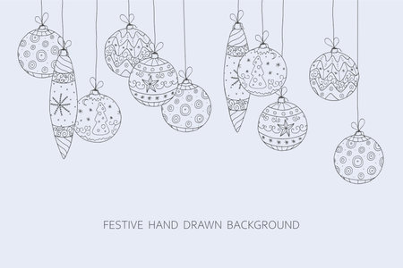 Elegant holiday card with drawing christmas tree toys - festive design. Hand drawn beautiful new year background in doodle styleのイラスト素材
